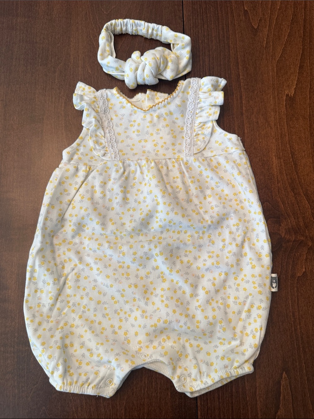 Rabbit + Bear Organic Baby Girls' Yellow Floral Romper with Matching Headband